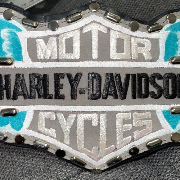 Vintage Harley Davidson Motor Cycles Leather Belt Studs Chain Biker RARE Painted main image 7